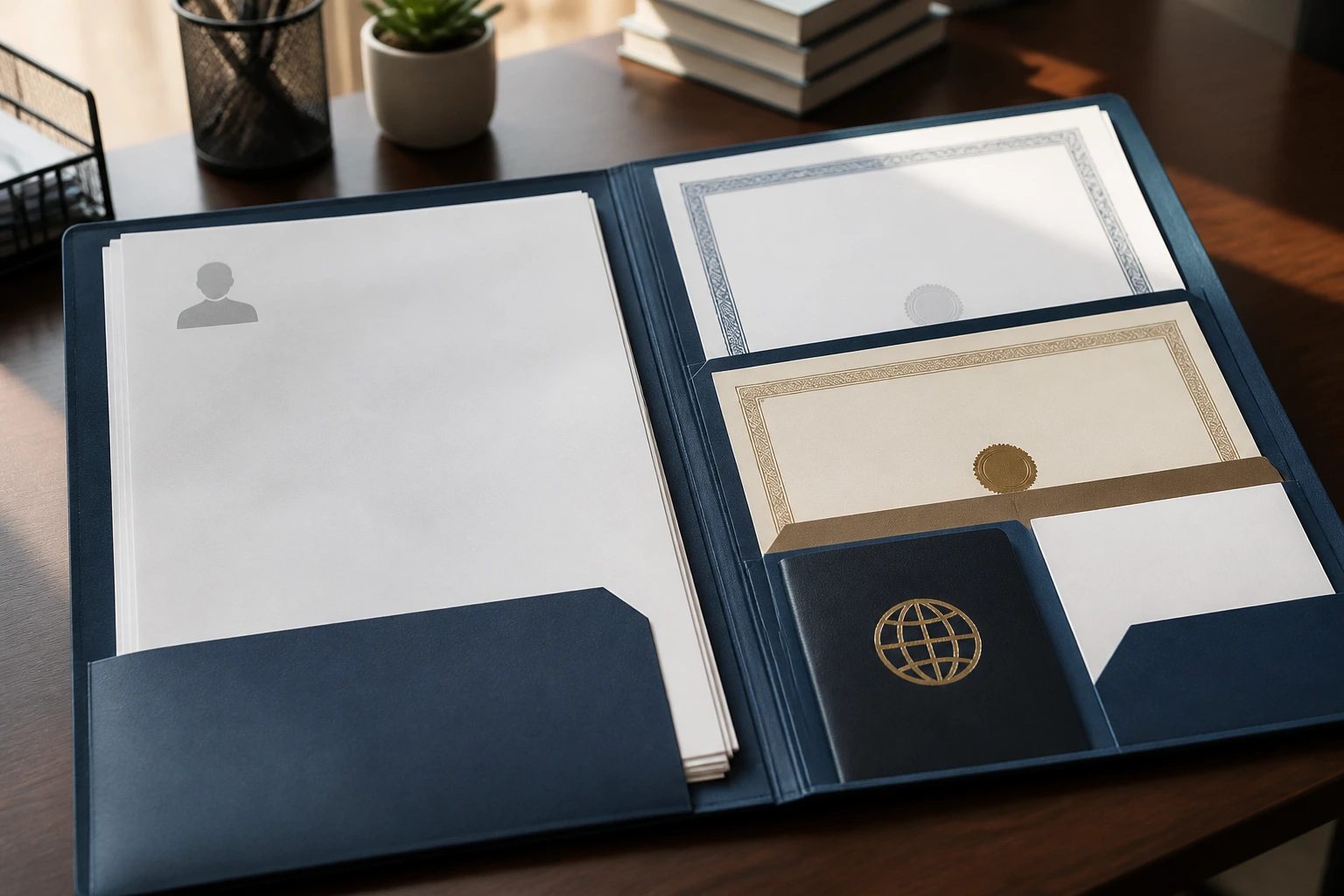 Close-up of blank documents and folders ready for job applications, no text visible