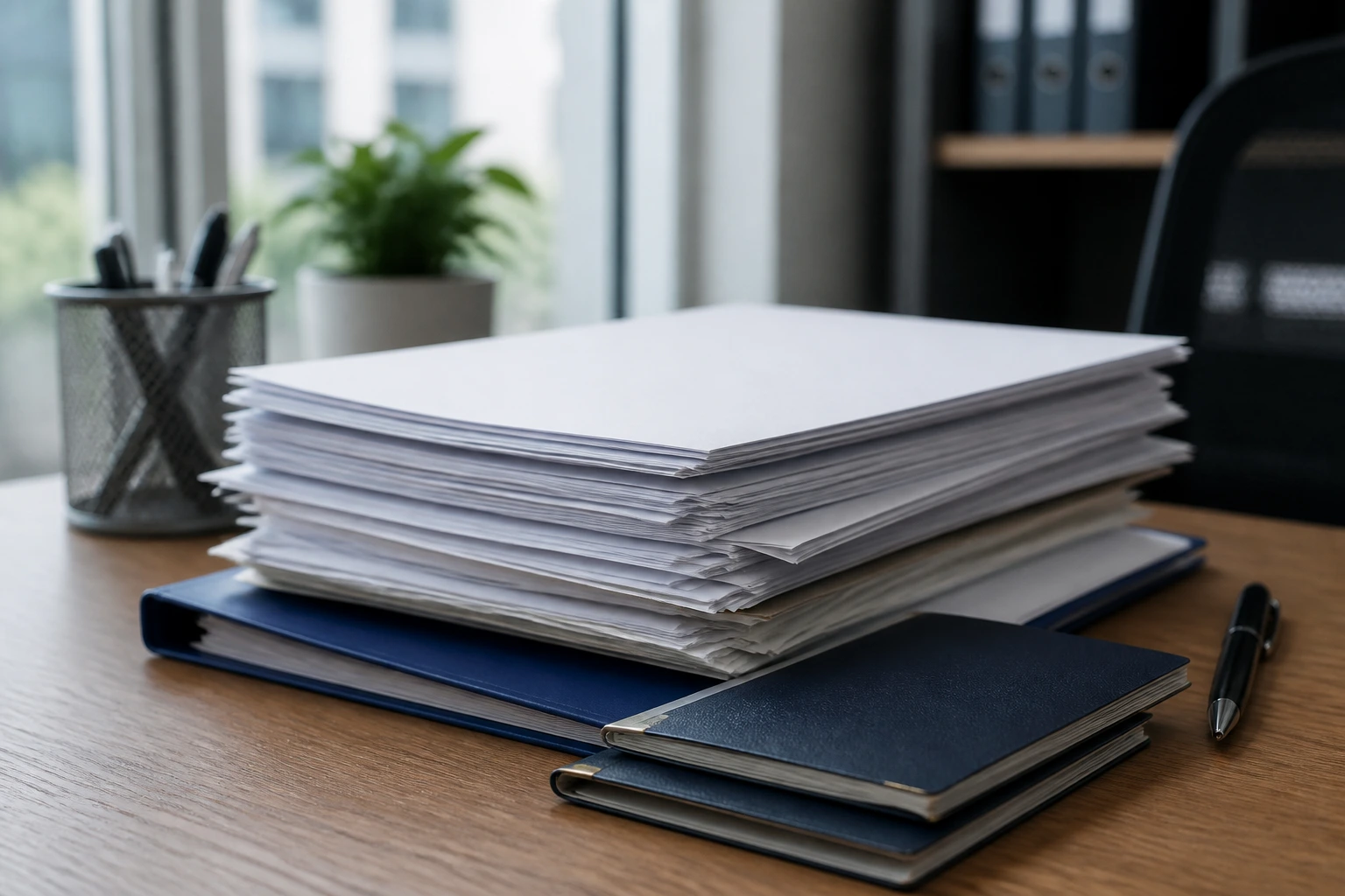 Close-up of blank documents and folders ready for sponsorship paperwork on a desk