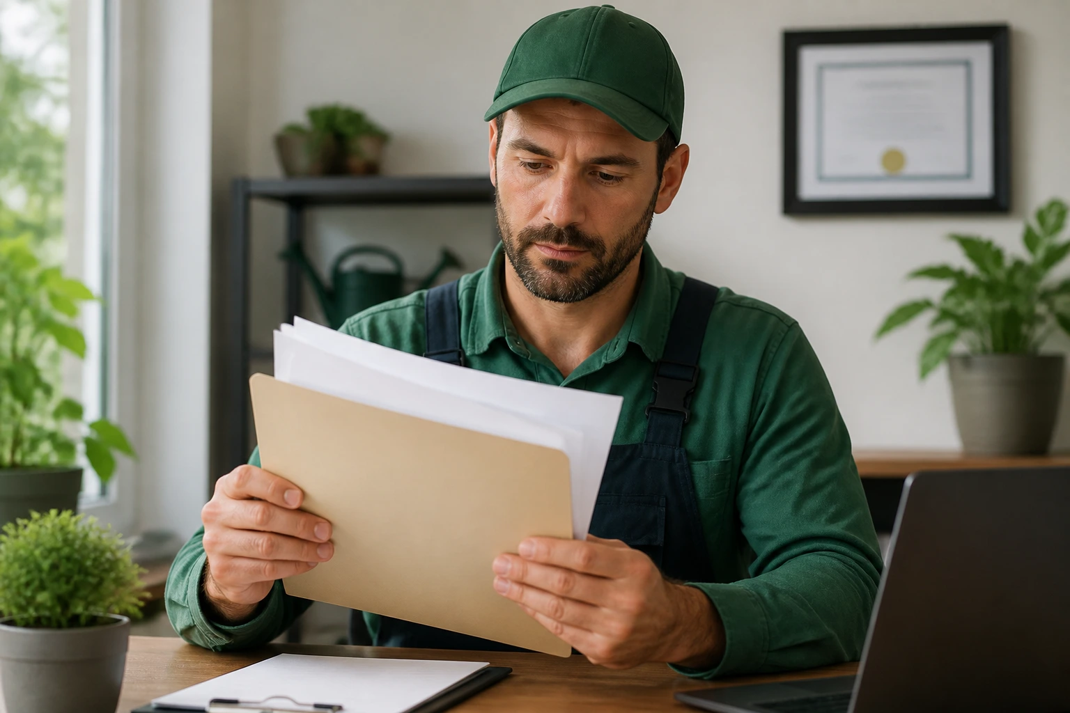 Gardener reviewing documents in an office, symbolizing employer-required paperwork before a job offer