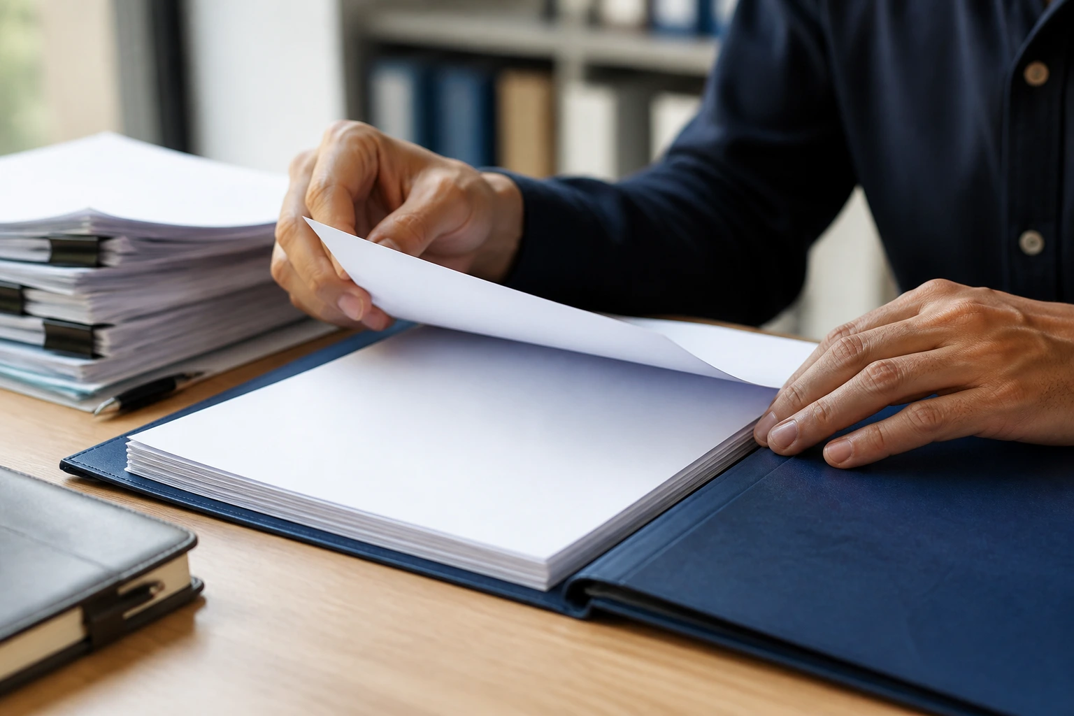 Hands organizing blank documents in a folder on desk