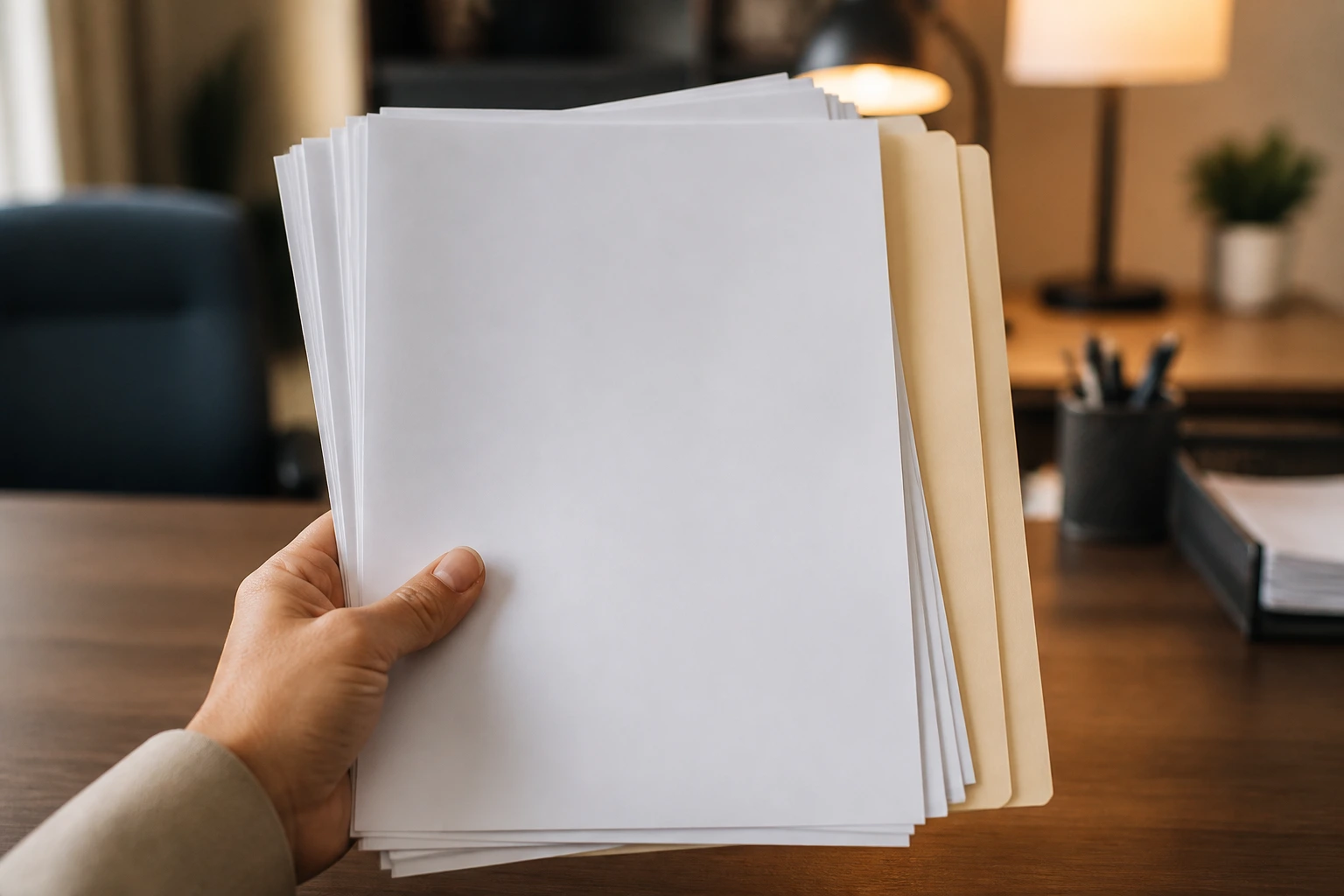 Close-up of blank documents and folder on a desk in an office