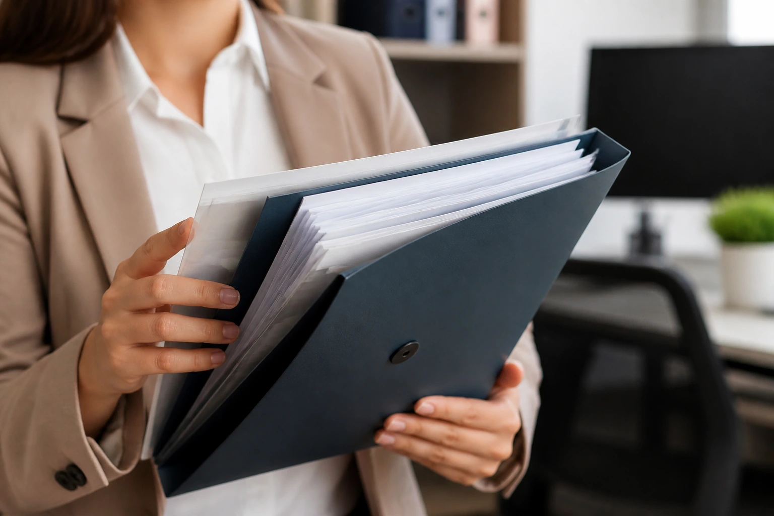Person holding a folder with documents in an office setting, ready for submission.