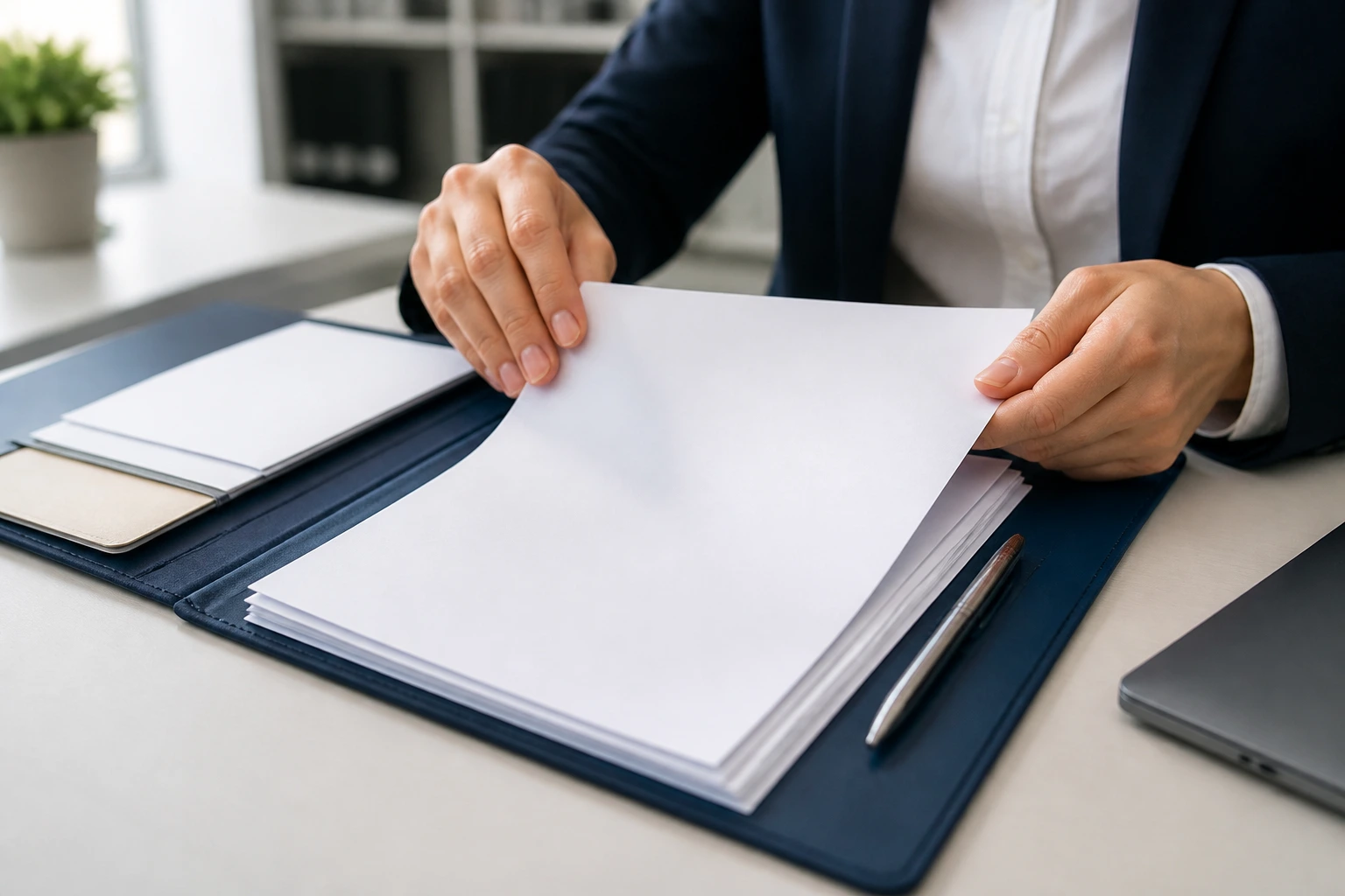 Hands organizing blank documents on a tidy desk