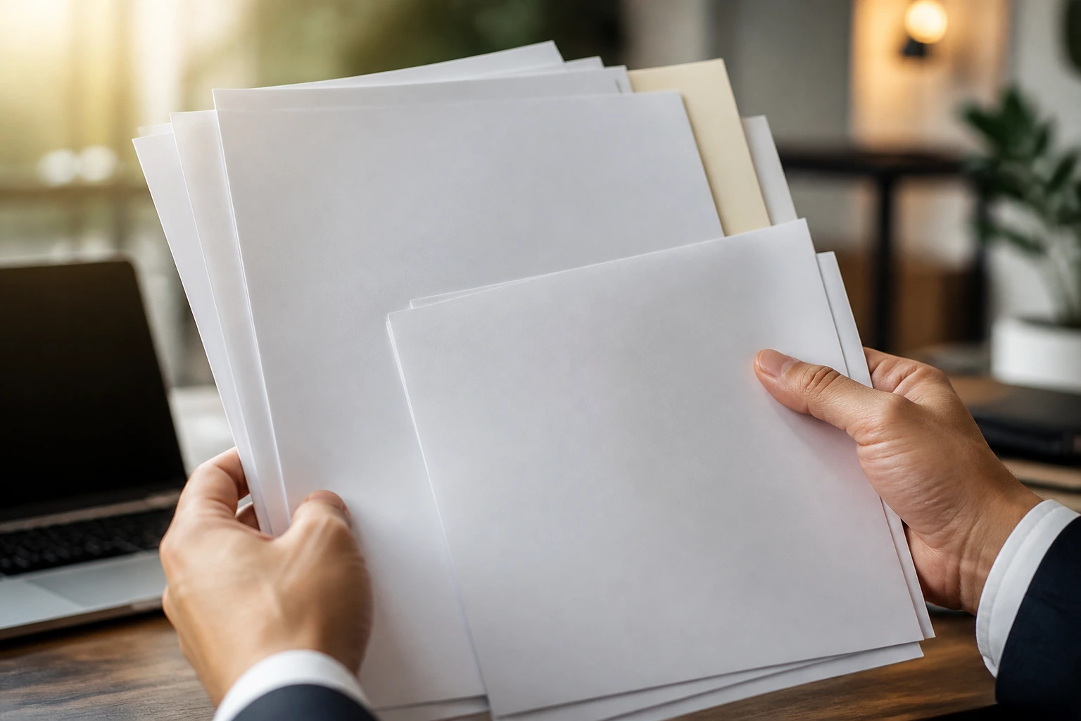 Close-up hands holding blank documents in a calm office