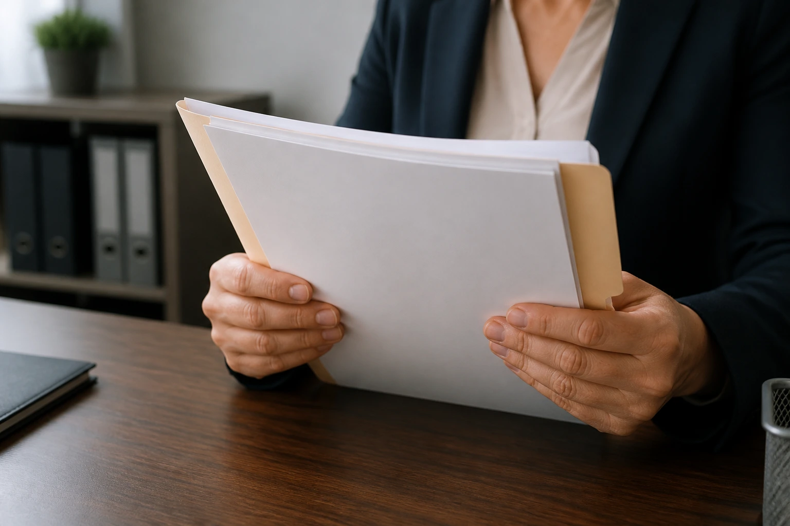 Hands holding a folder with papers on a desk in an HR setting
