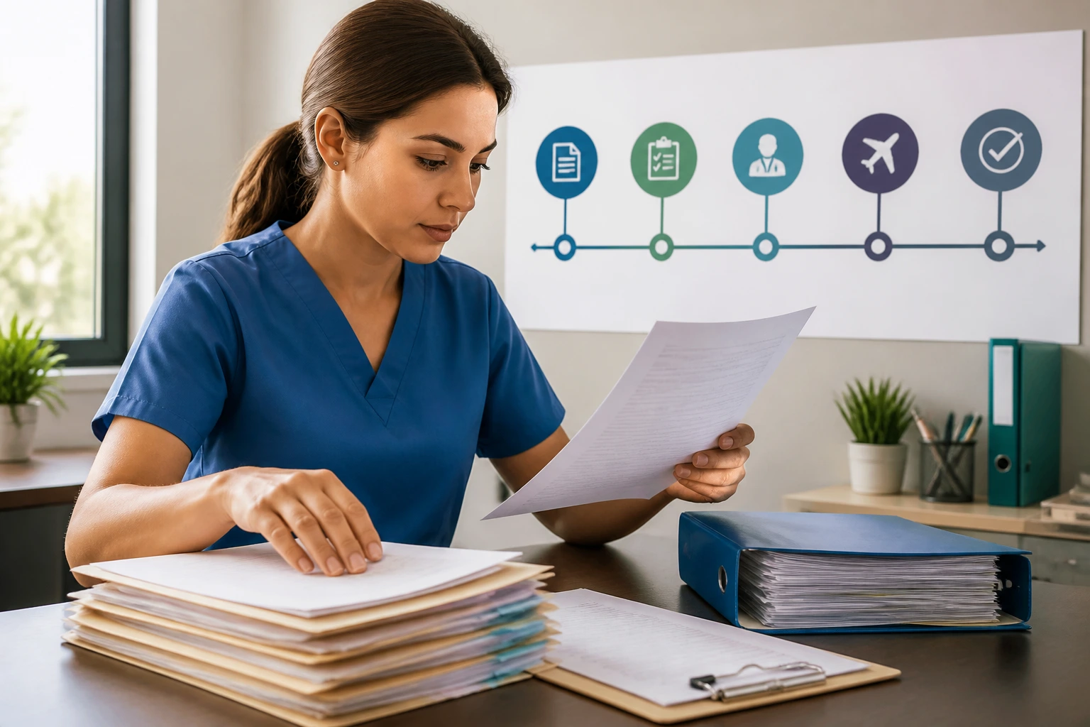 Professional organizing documents in an office setting.