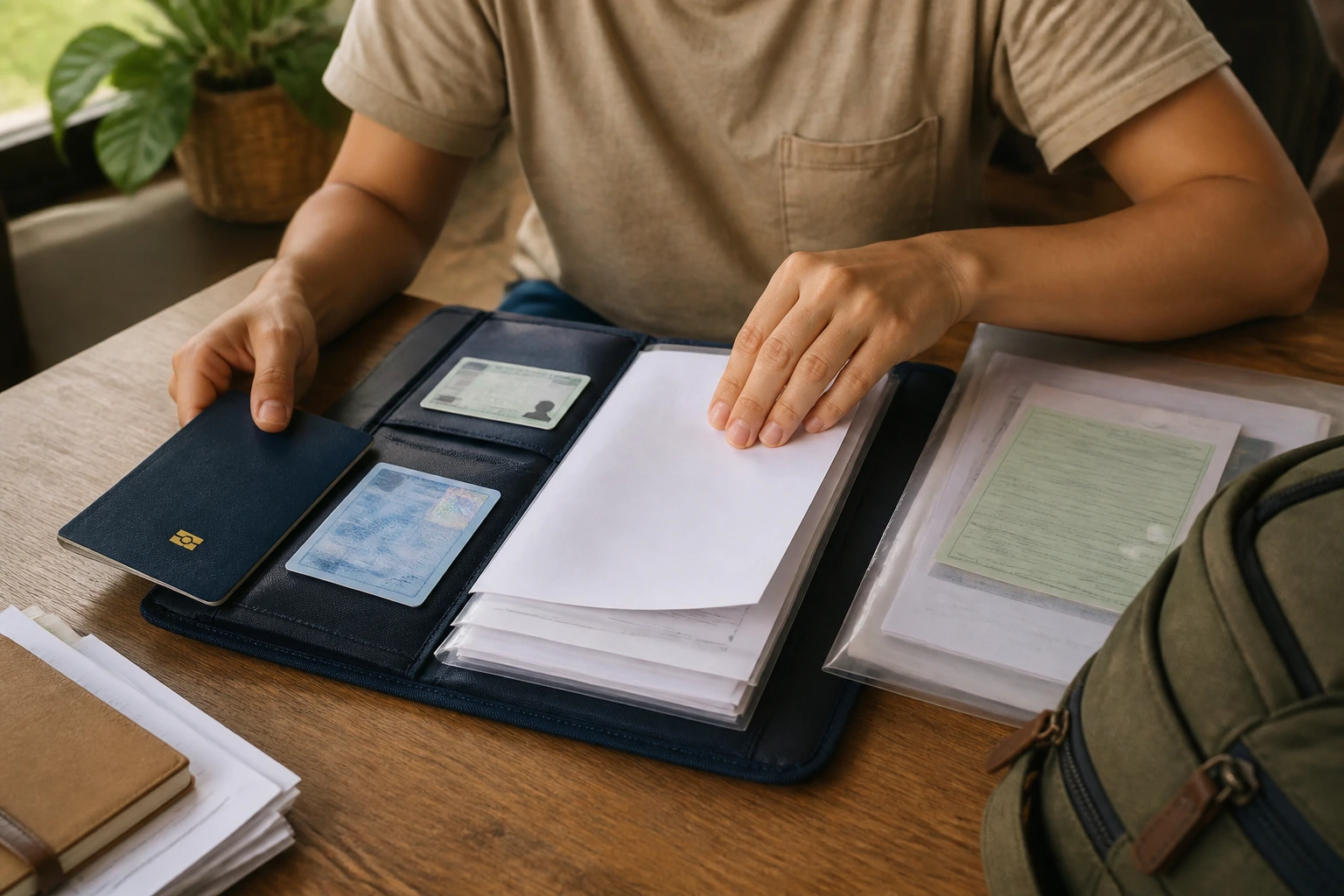 Person organizing travel documents and folder for seasonal work