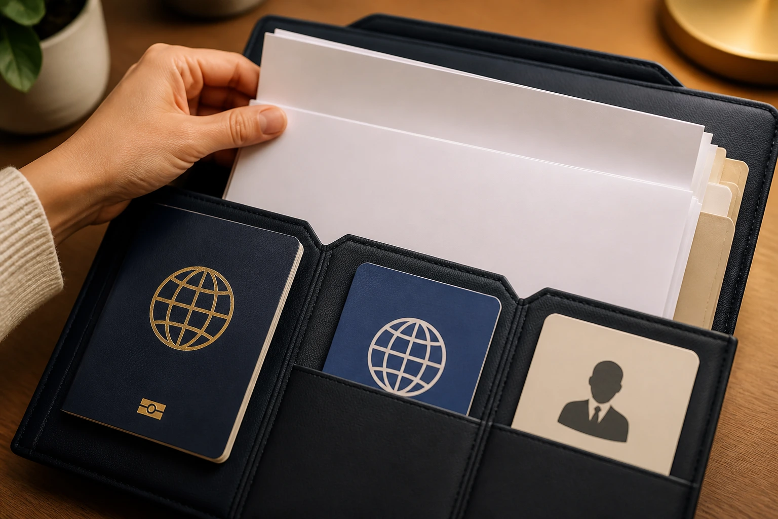Close-up of a hand organizing a document folder with icons