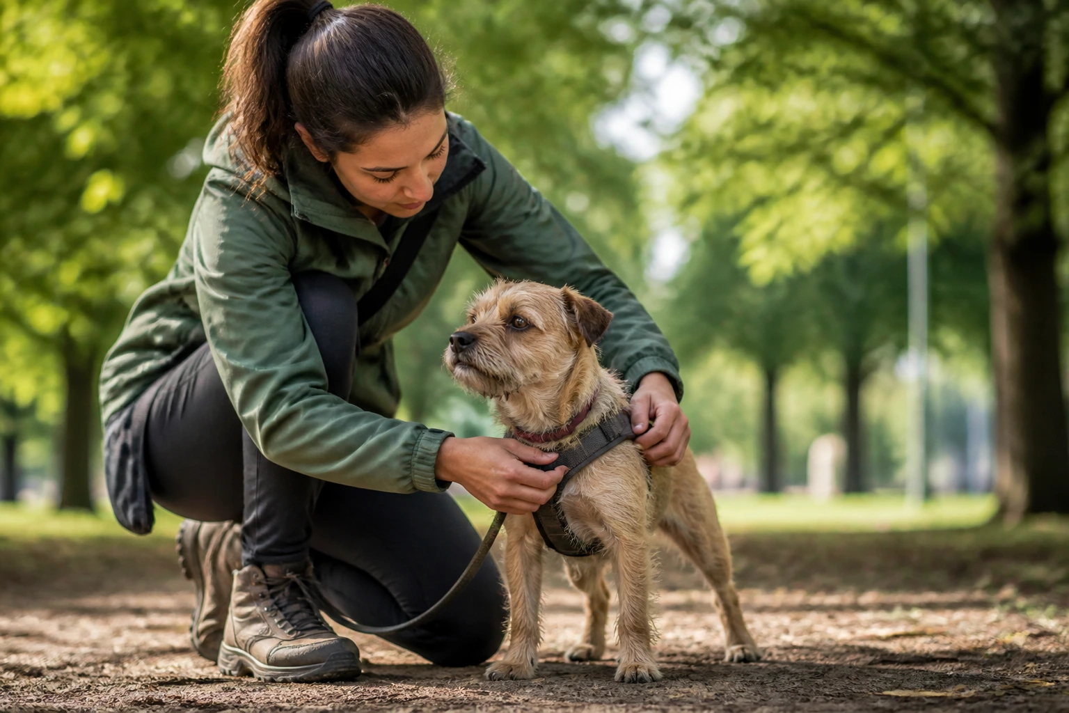 Dog walker performing a harness adjustment during a trial walk in a park