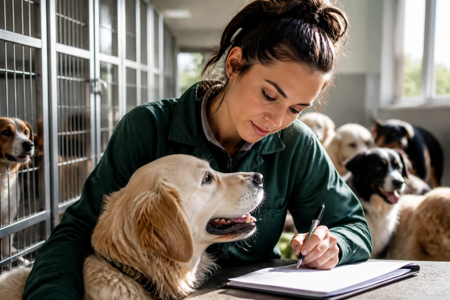 Close-up portrait of a dog-care professional planning a lasting UK career with dogs in a kennel