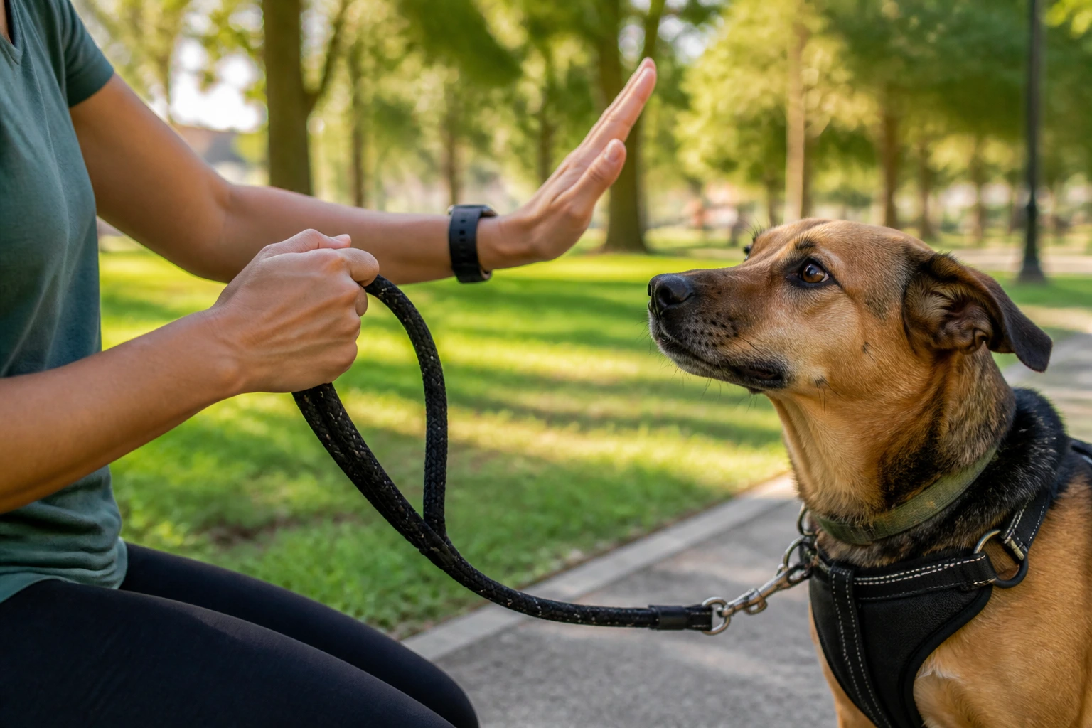 Close-up of a dog walker showing leash handling and reading dog body language in a park
