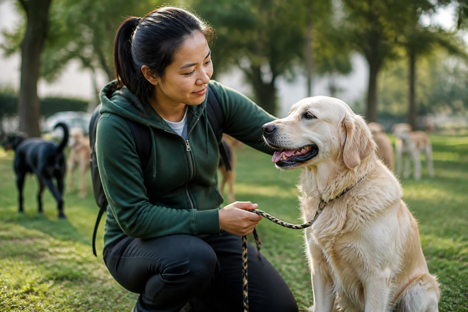 Close-up of a person demonstrating calm dog-handling skills in a park