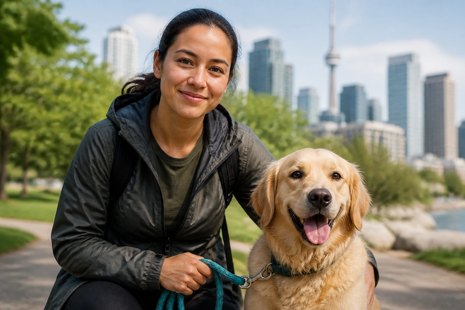 Dog walker with leash and dog in a city park
