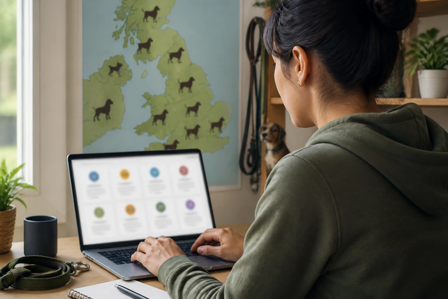 Person searching for dog care job listings on a laptop in a home or office setting