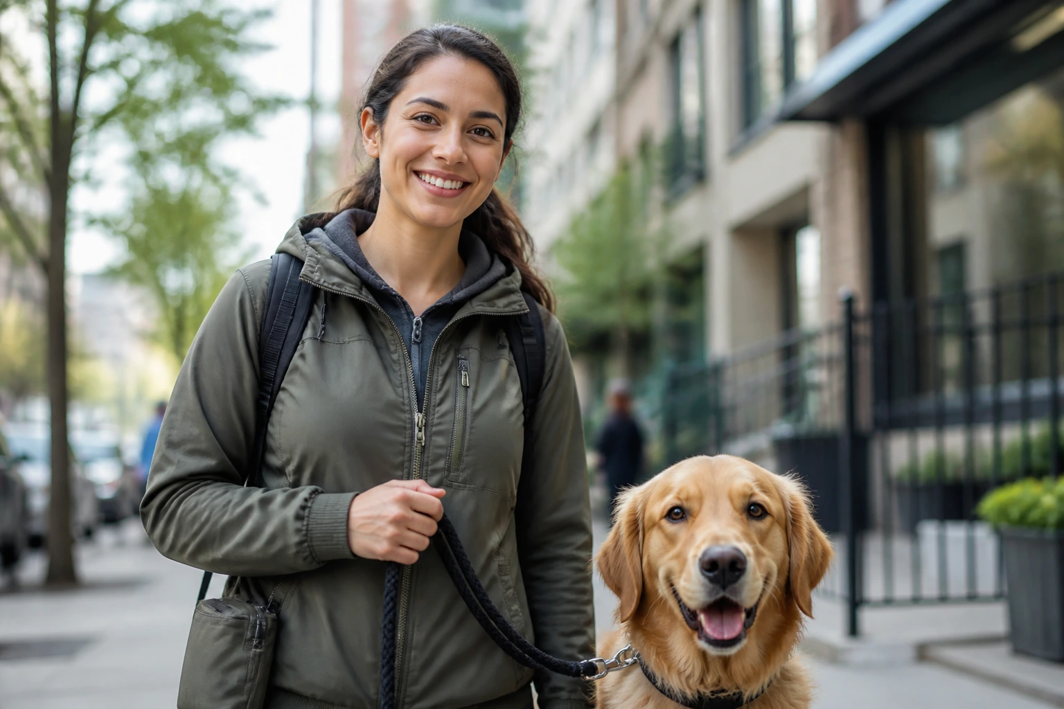 Close-up portrait of a dog walker with a dog on a city sidewalk