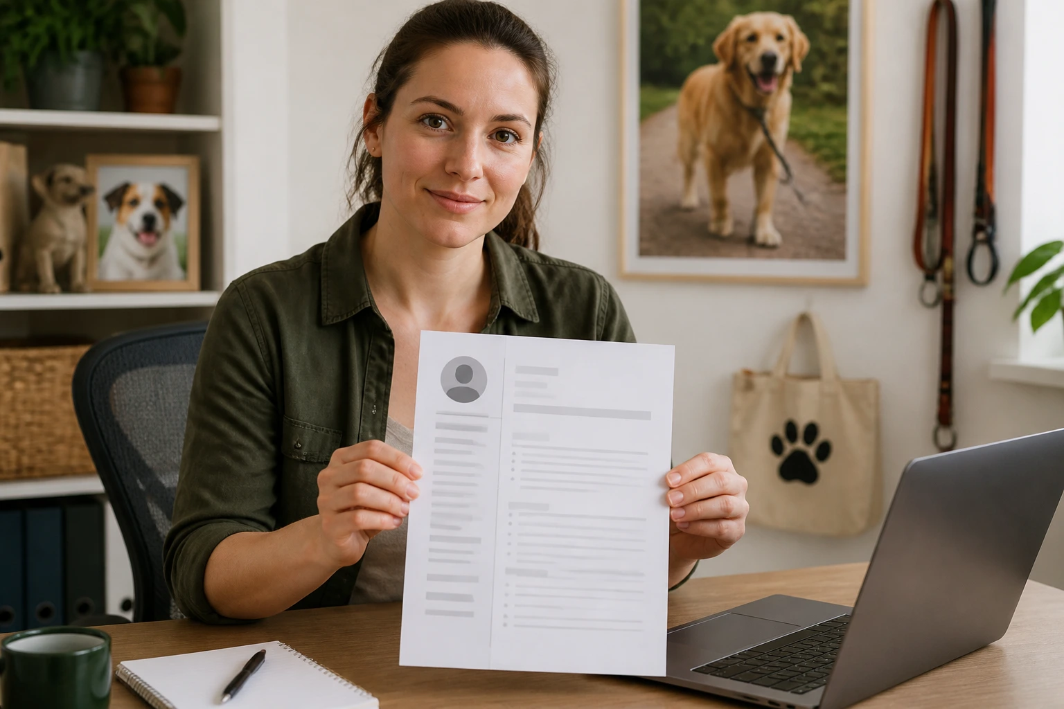 Close-up of a person arranging a blank CV template in a home office for dog-walker sponsorship