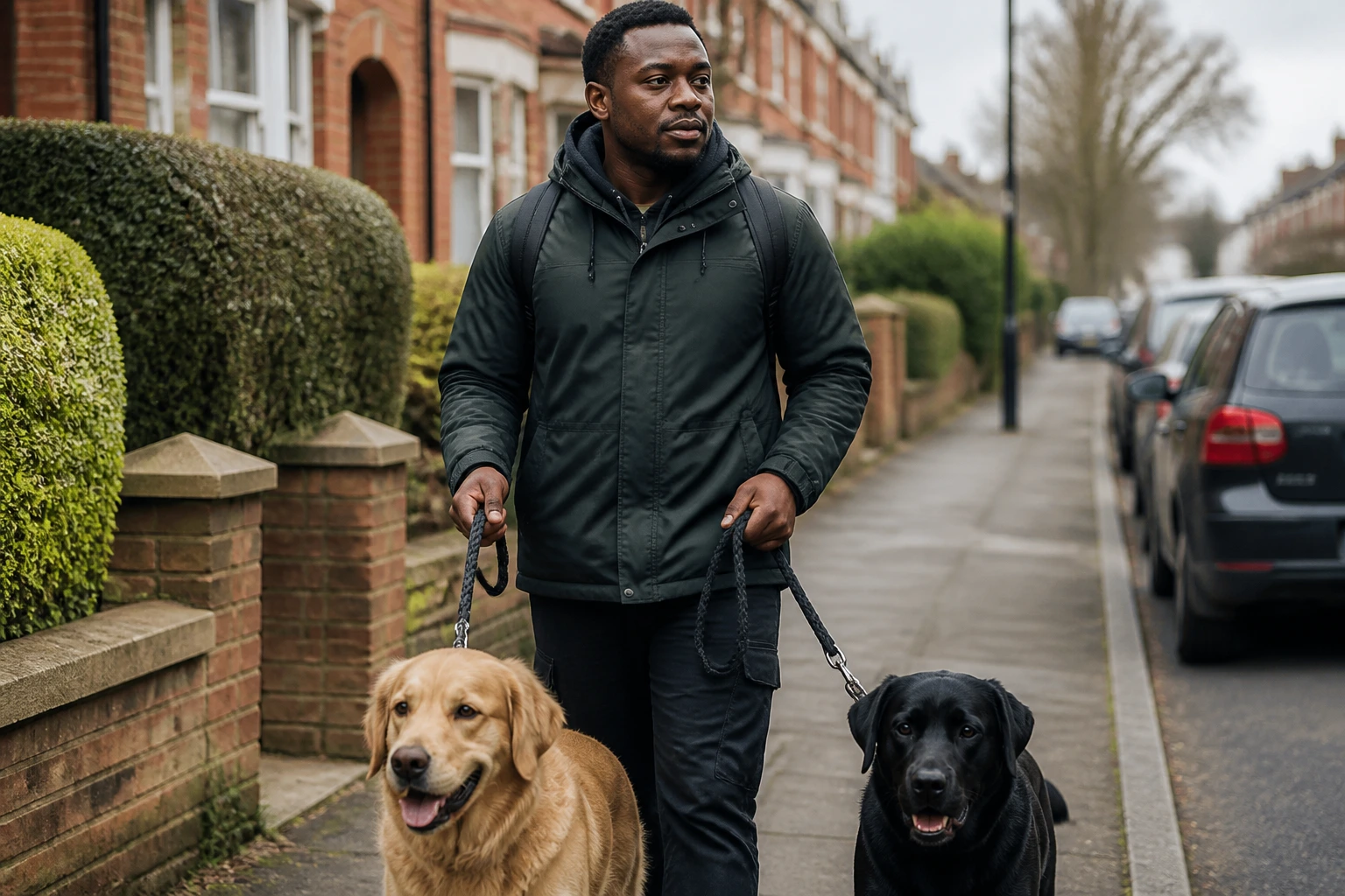 Portrait of a dog walker on a UK street with two dogs, illustrating visa sponsorship challenges