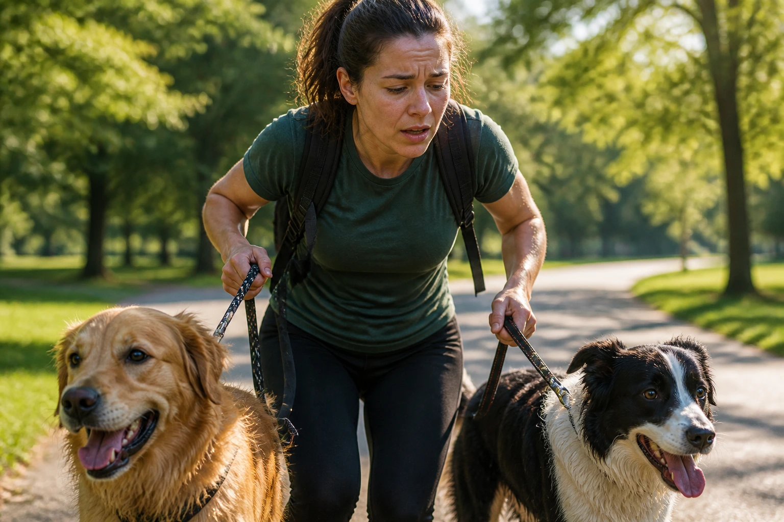 Close-up of a dog walker showing physical effort with dogs in a park