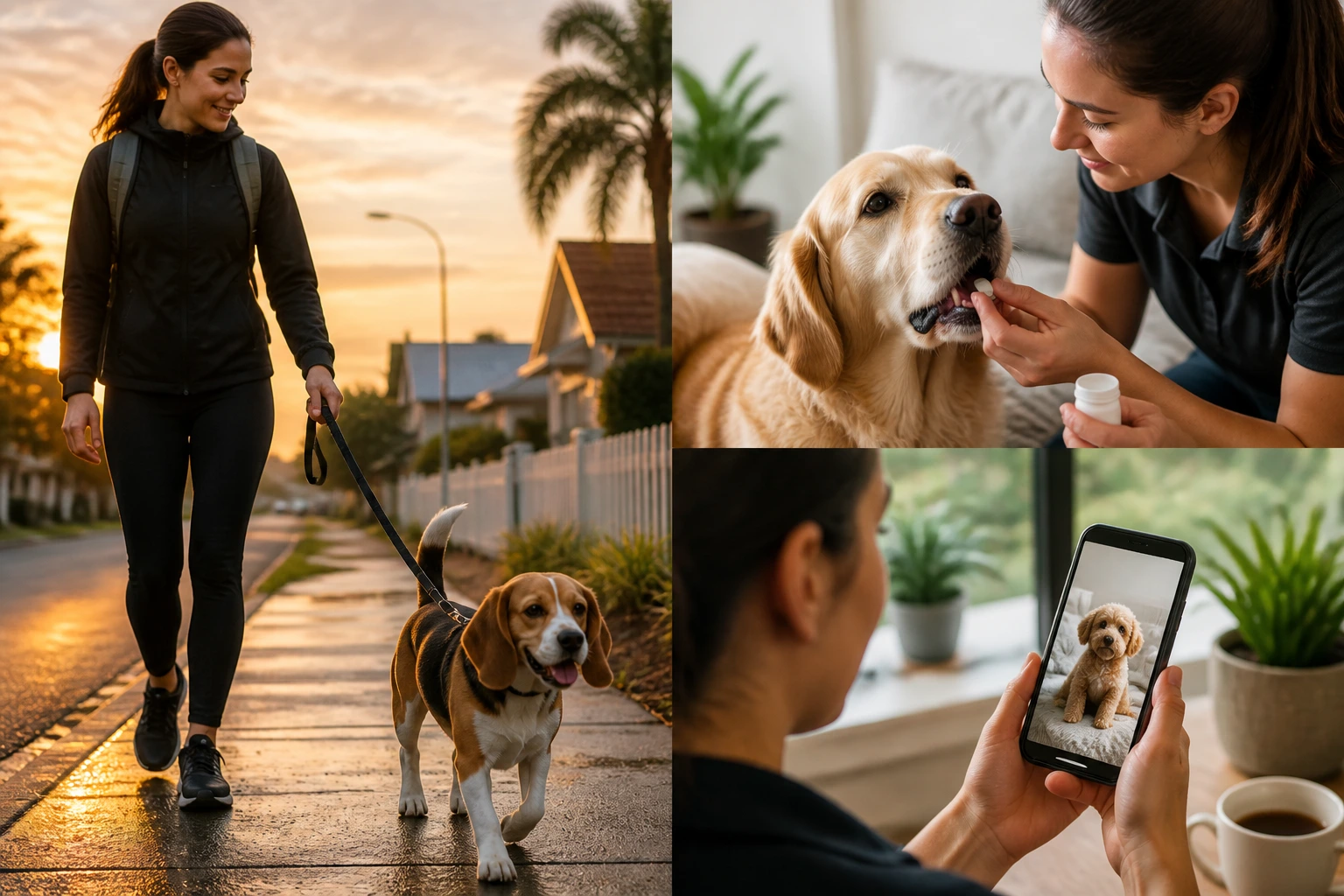 Beagle on a leash in dawn light during an early-morning dog walk