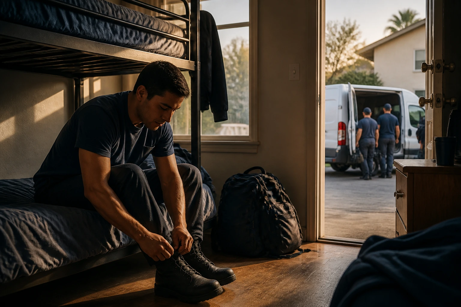 Worker waking in a dorm-style shared apartment ahead of work shift