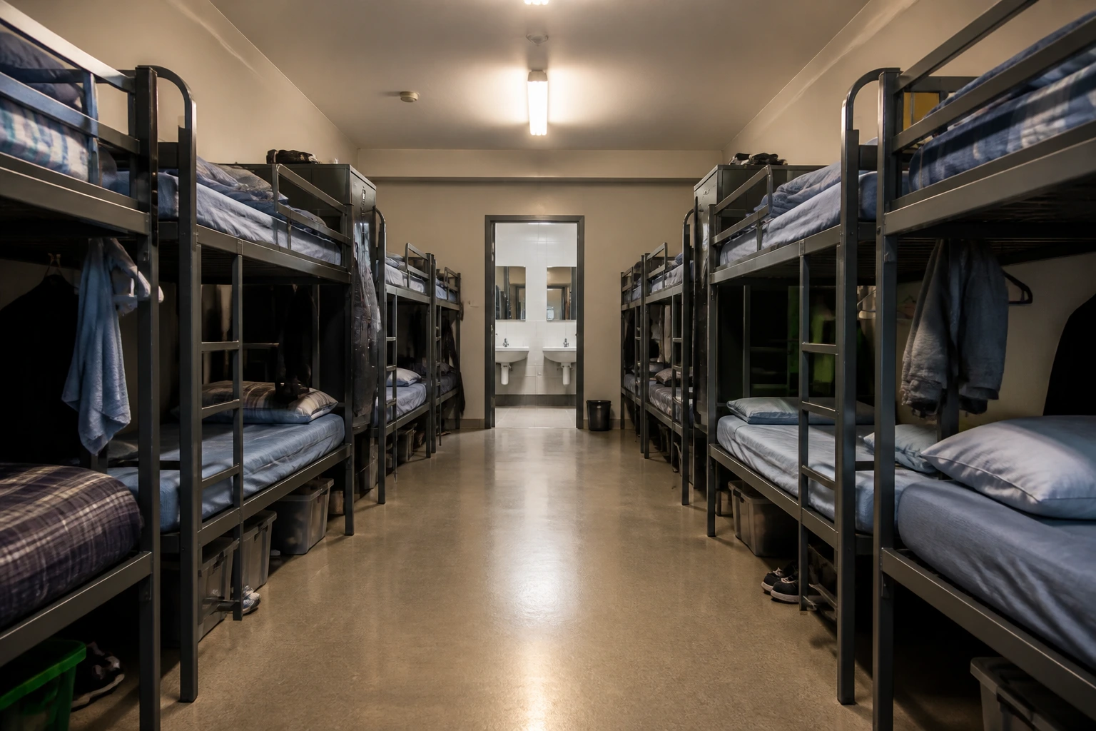 Dormitory with bunk beds showing shared staff accommodation