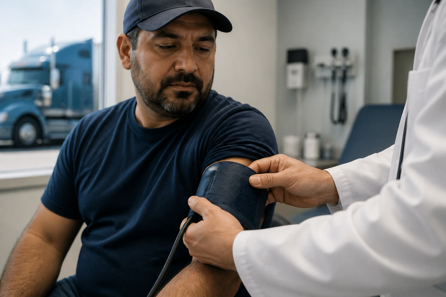 Close-up of a truck driver during a DOT medical exam with clinician in background