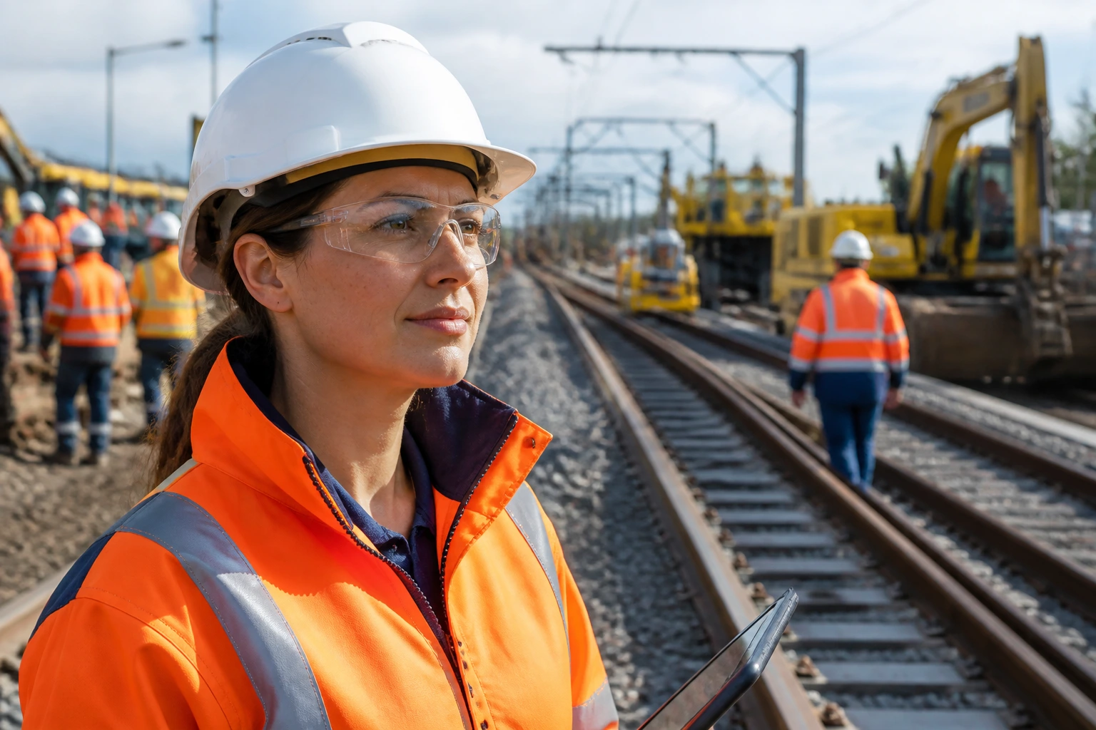 Civil engineer supervising rail infrastructure at a construction site