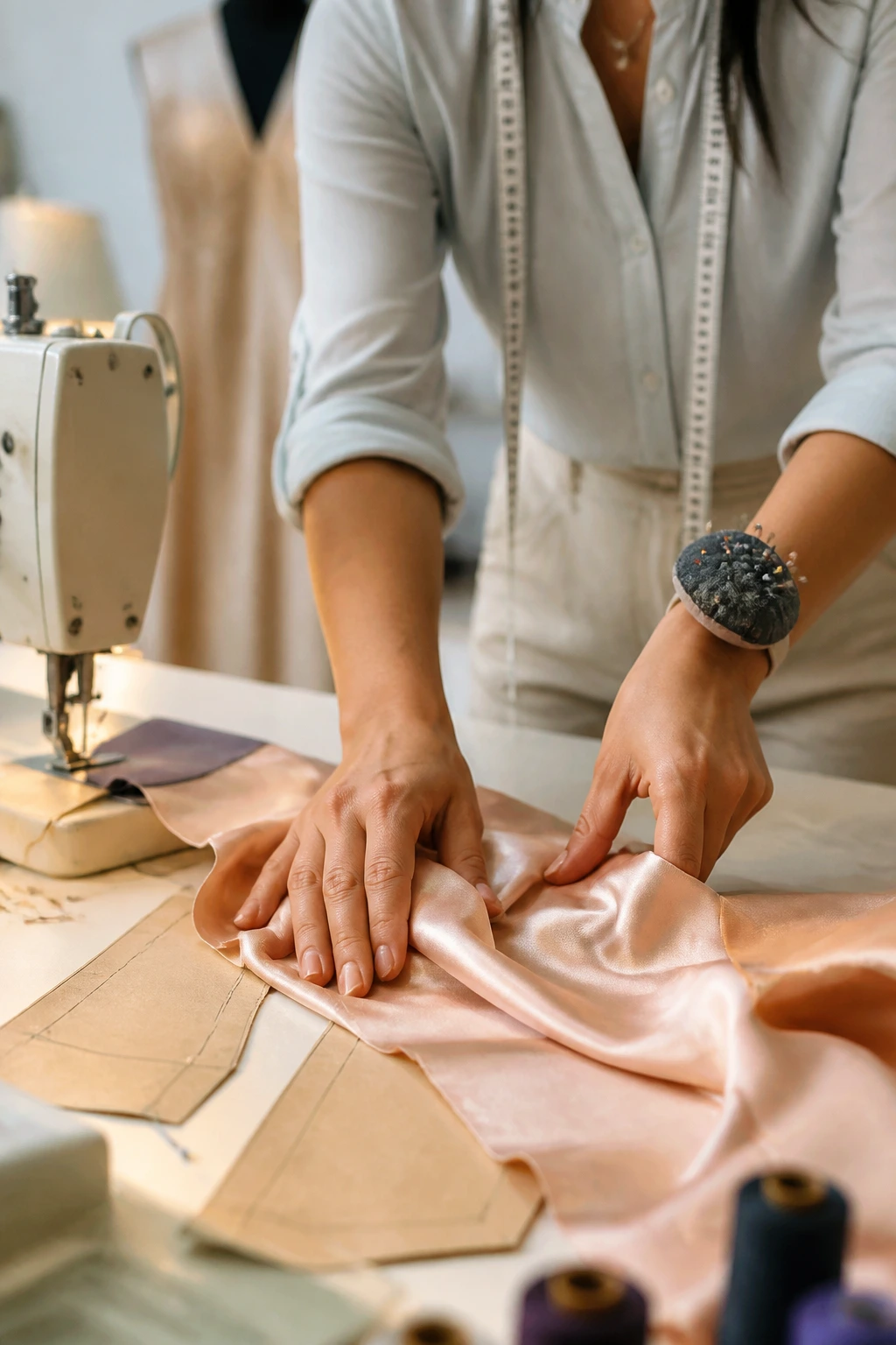 Close-up of a dressmaker's hands working with fabric and patterns