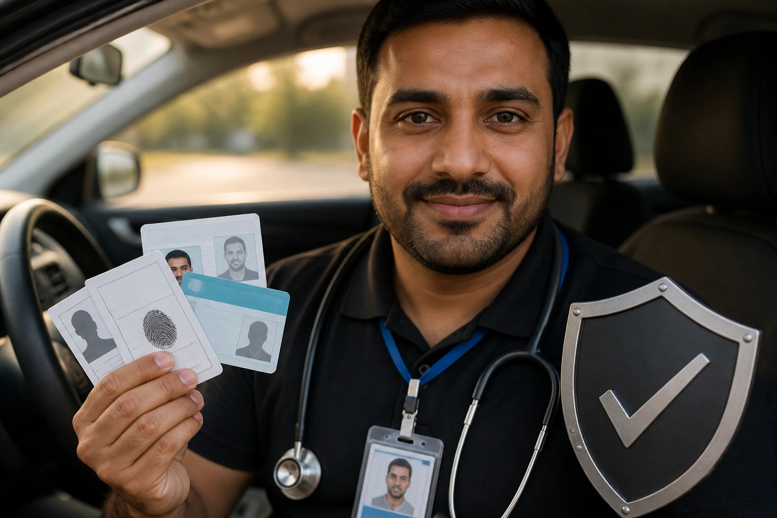 Portrait of a driver with a badge and medical symbols in a car setting