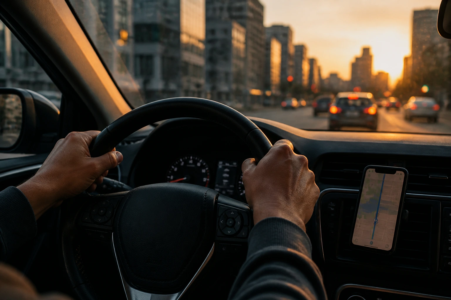 Close-up of driver's hands on steering wheel with city street outside, illustrating shift costs