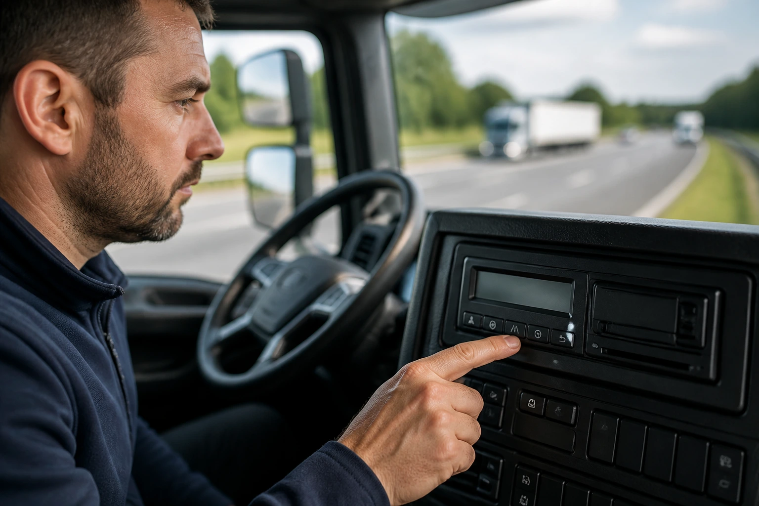 Driver in cab focusing on a tachograph-like panel during CPC preparation