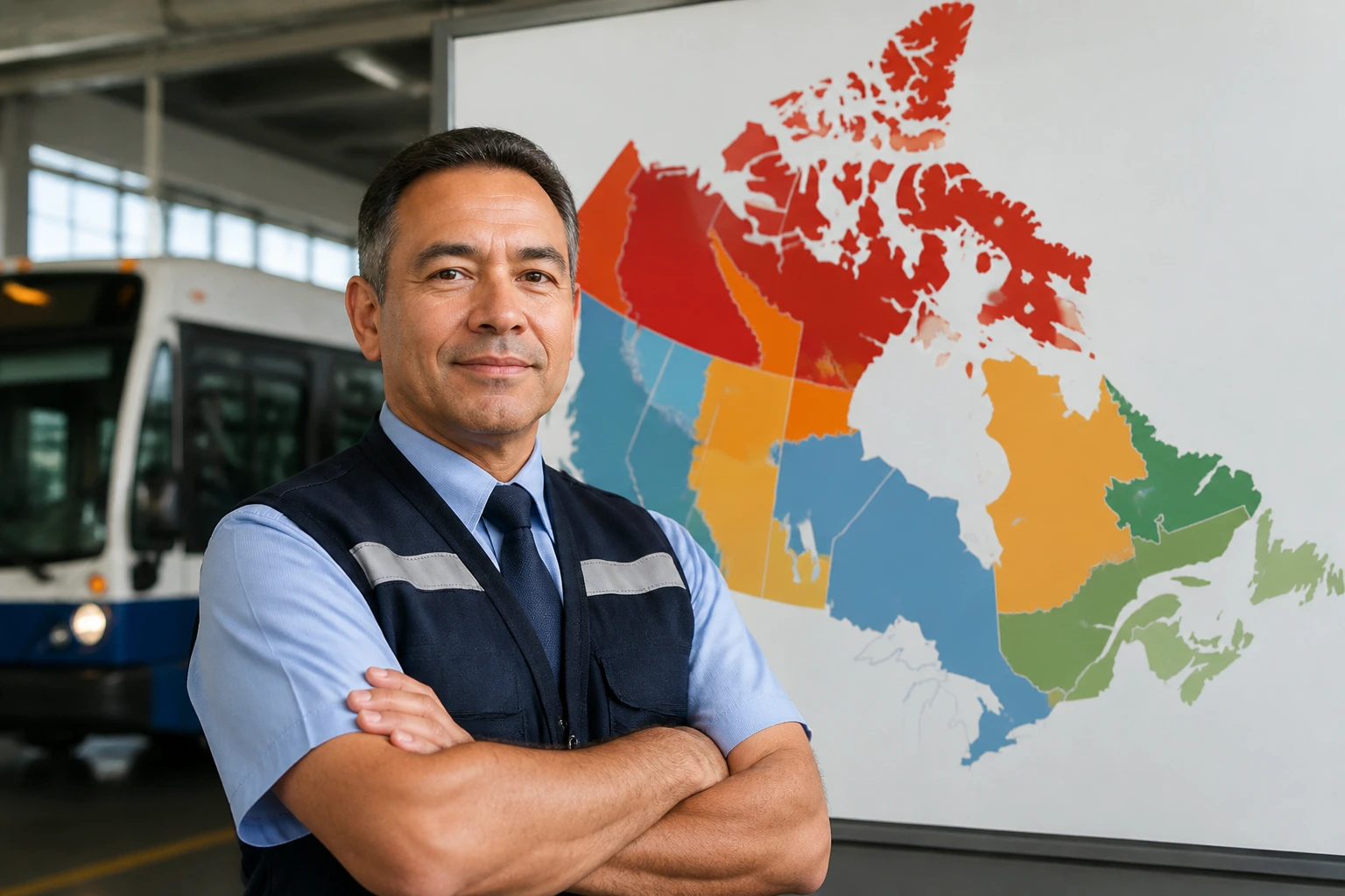 Bus driver portrait with color-coded map illustrating regional demand in the background.