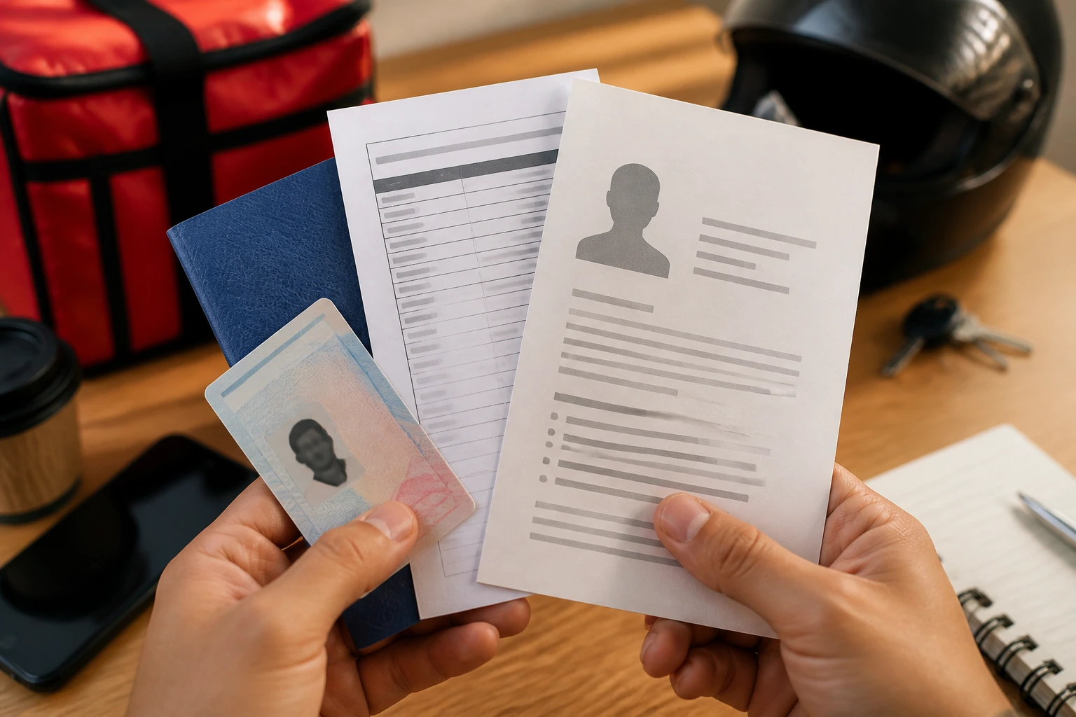Close-up of hands holding generic driver documents on desk with no visible text
