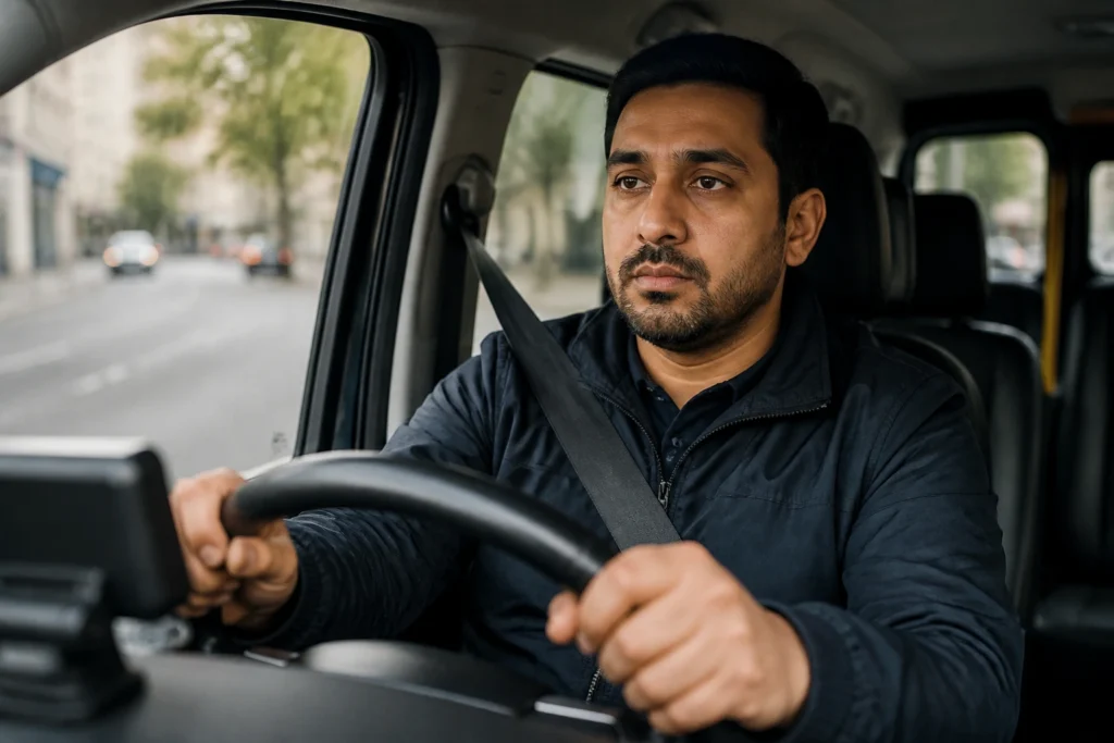 Driver in car during early months of taxi/private hire work, focused and learning.