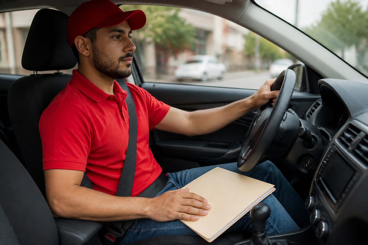 Driver with blank folder and car ready for delivery