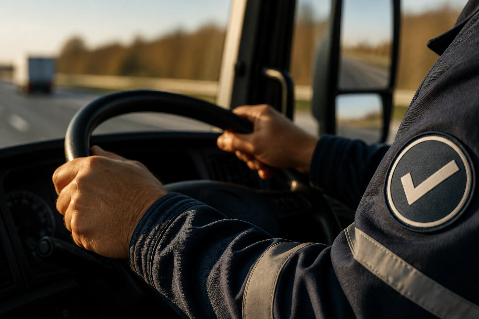 Hands on steering wheel with a circular checkmark badge on the jacket, symbolizing qualifications