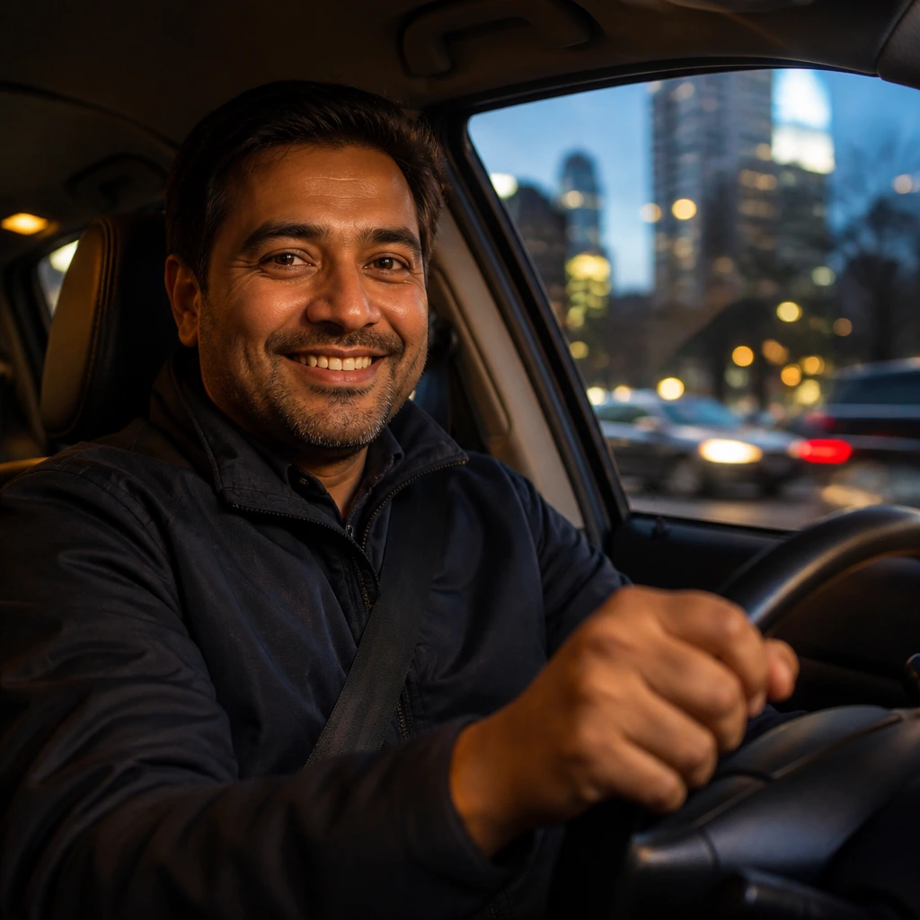 Taxi driver smiling inside car at night with city lights outside.