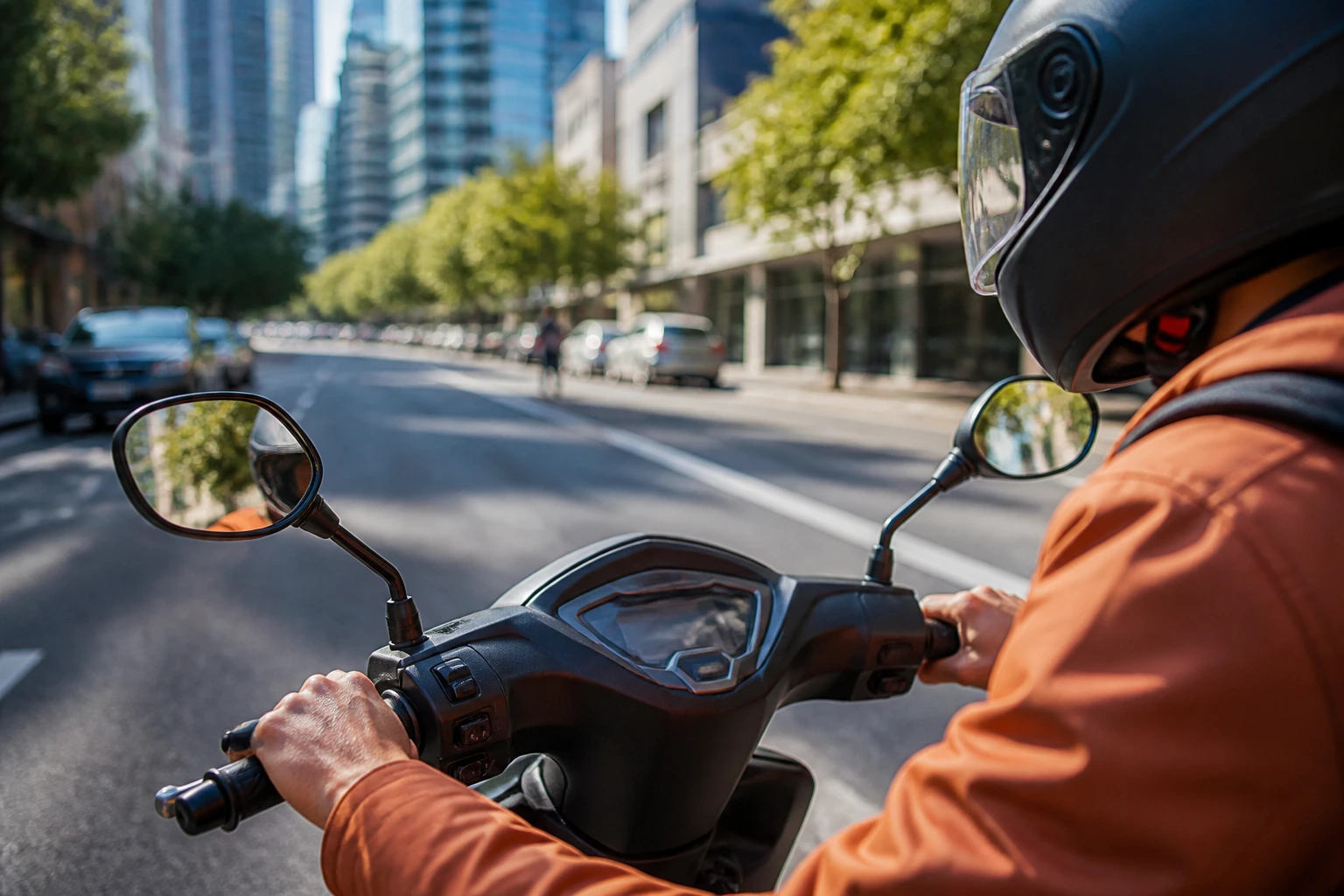 Scooter rider on an urban street emphasizing licensing and road rules