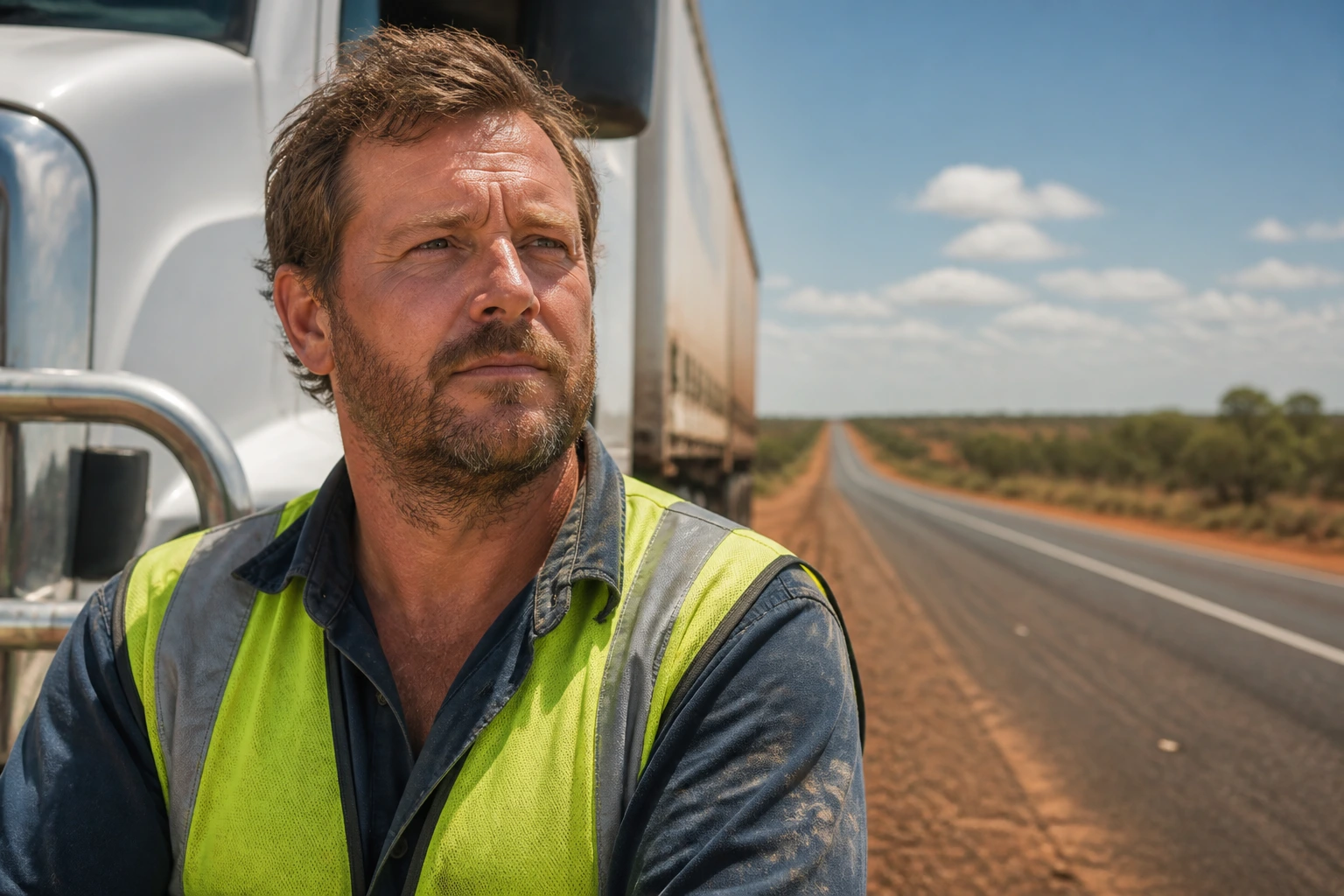 Driver evaluating experience beside a heavy truck on the roadside.