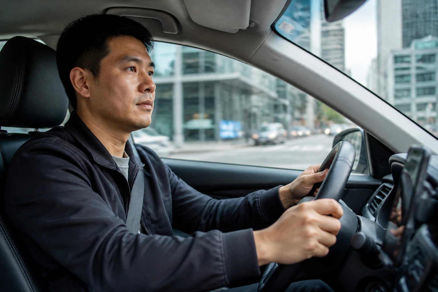 Driver in a car contemplating pathways related to permanent residence