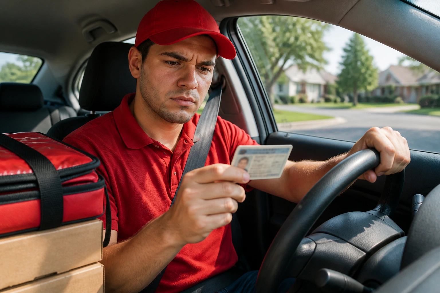 Driver in uniform inside car, road view outside.