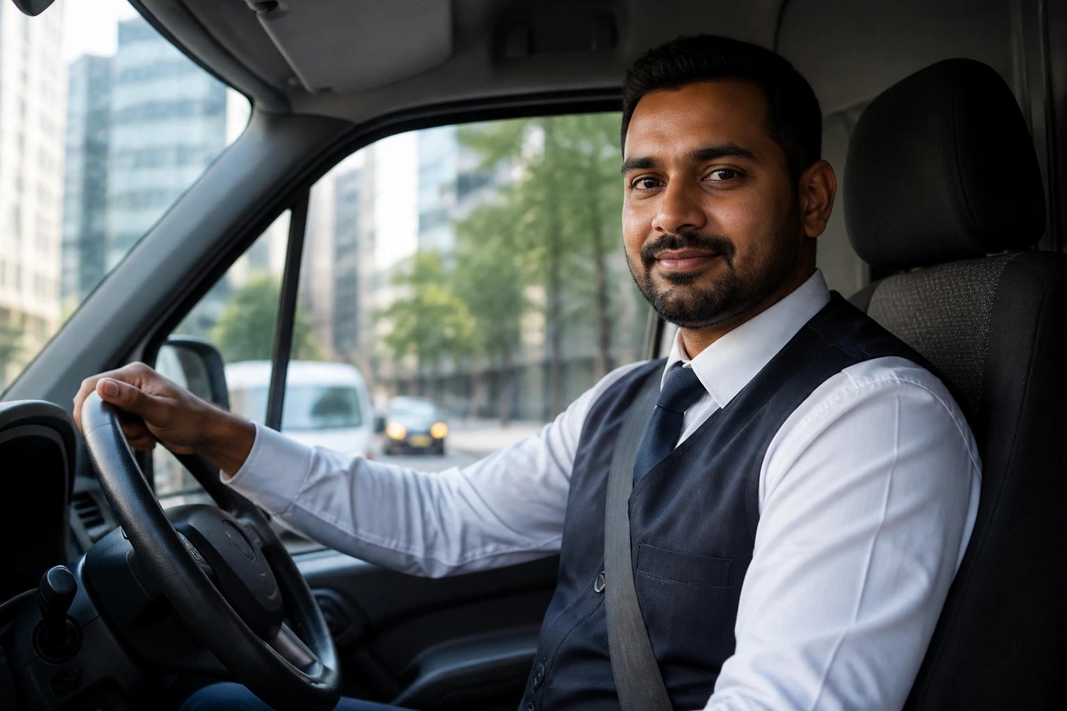 Professional driver in fleet vehicle illustrating sponsorship opportunities.
