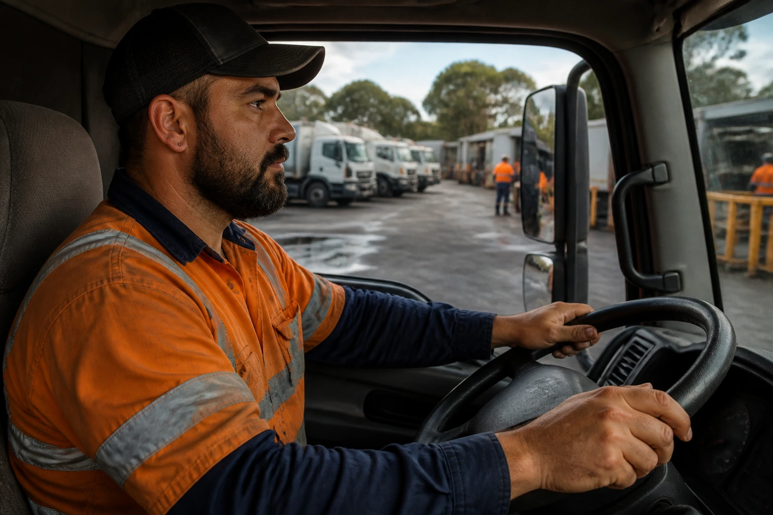 Waste driver in truck cab ready for driving test