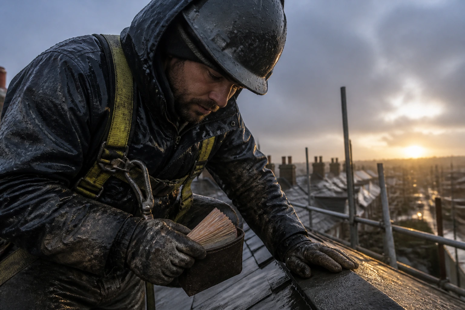 Roofer in rain gear on a wet UK roof at dawn