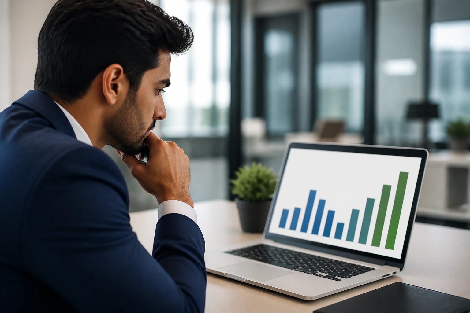 Portrait of a professional considering earnings and commissions with an abstract chart