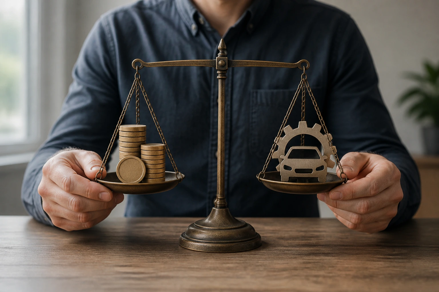 Balance scale showing earnings vs costs with abstract icons illustrating two sides