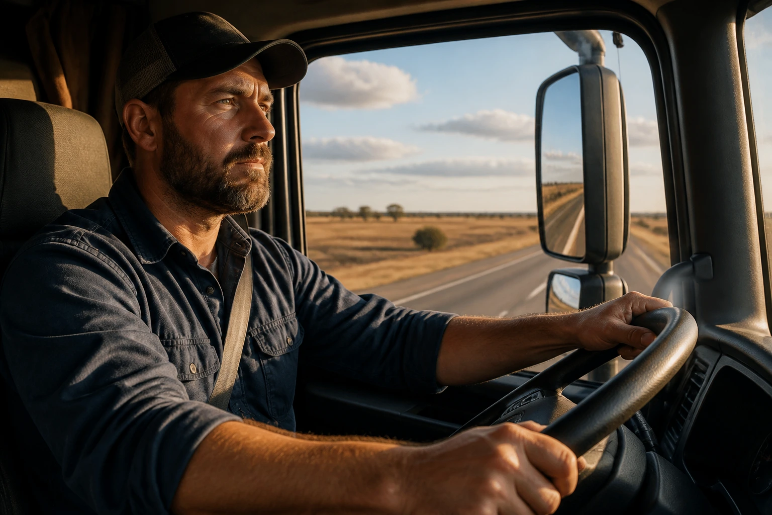Close-up of a truck driver in the cab with highway ahead, illustrating earnings potential.