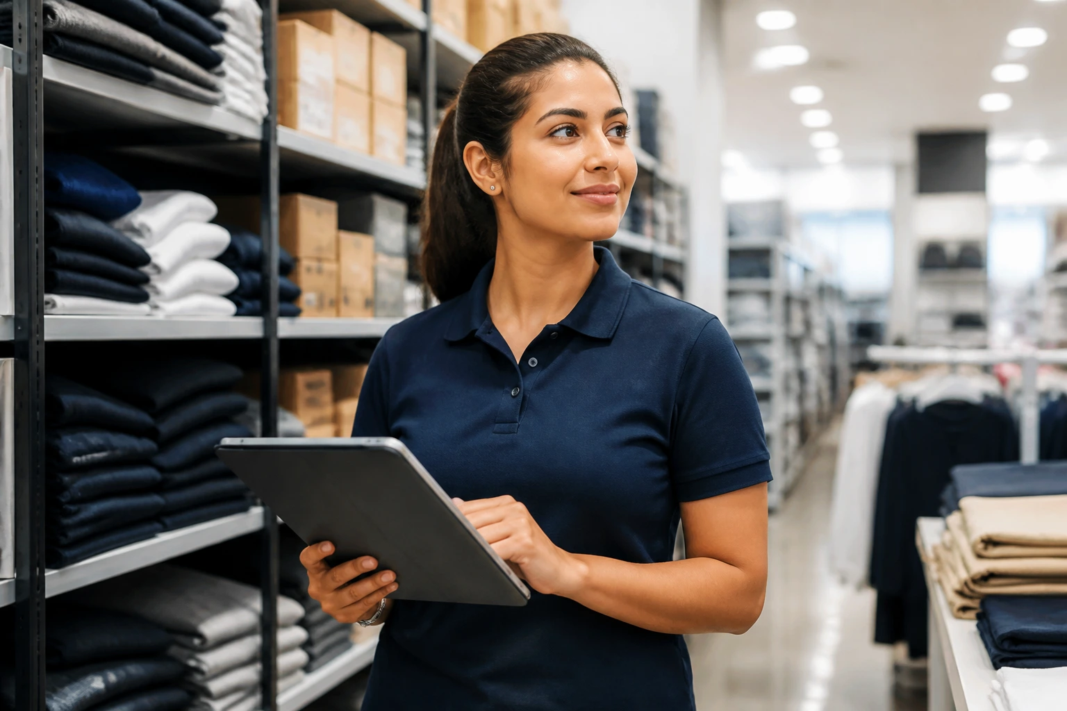 Retail supervisor in a store with a tablet in a managerial pose
