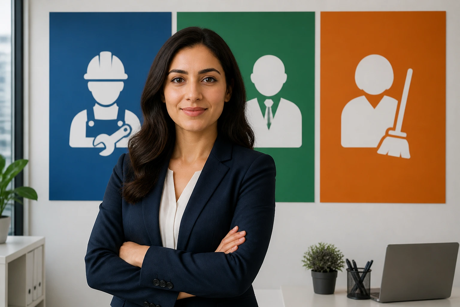 Person in office with wall of three color blocks representing EB-3 categories