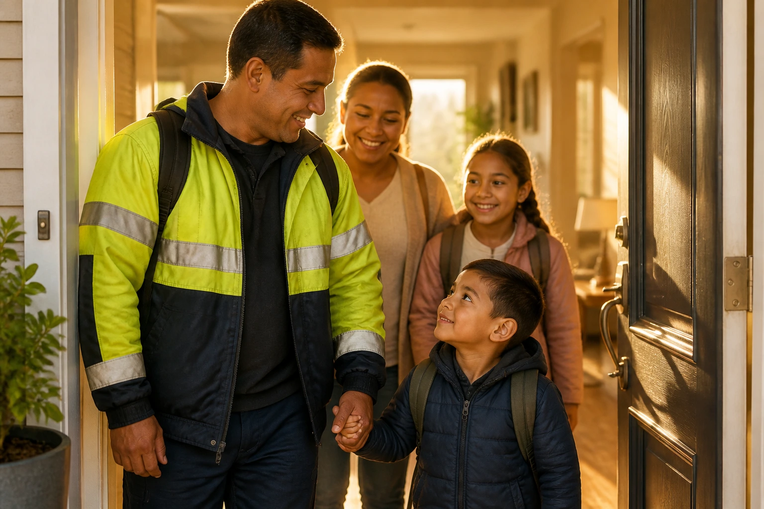 Medium close-up of a parent holding a child's hand at a home doorway in morning light